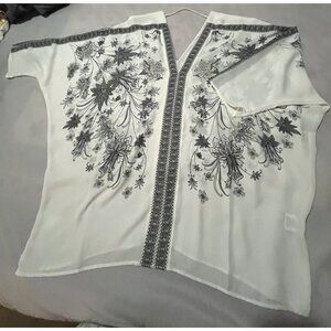 Floral Embroidered Ivory V-Neck Blouse Rose+Olive XL 100% Polyester